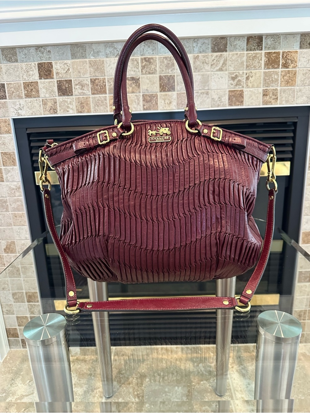 Coach Burgundy Pleated Leather Shoulder Satchel with Gold Hardware